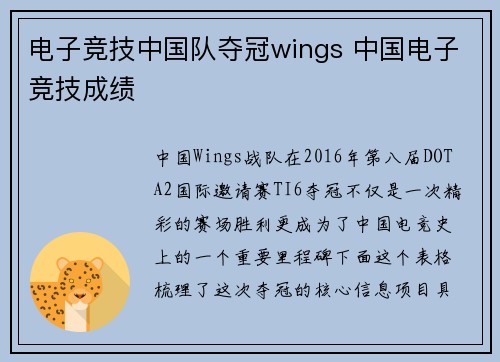 电子竞技中国队夺冠wings 中国电子竞技成绩